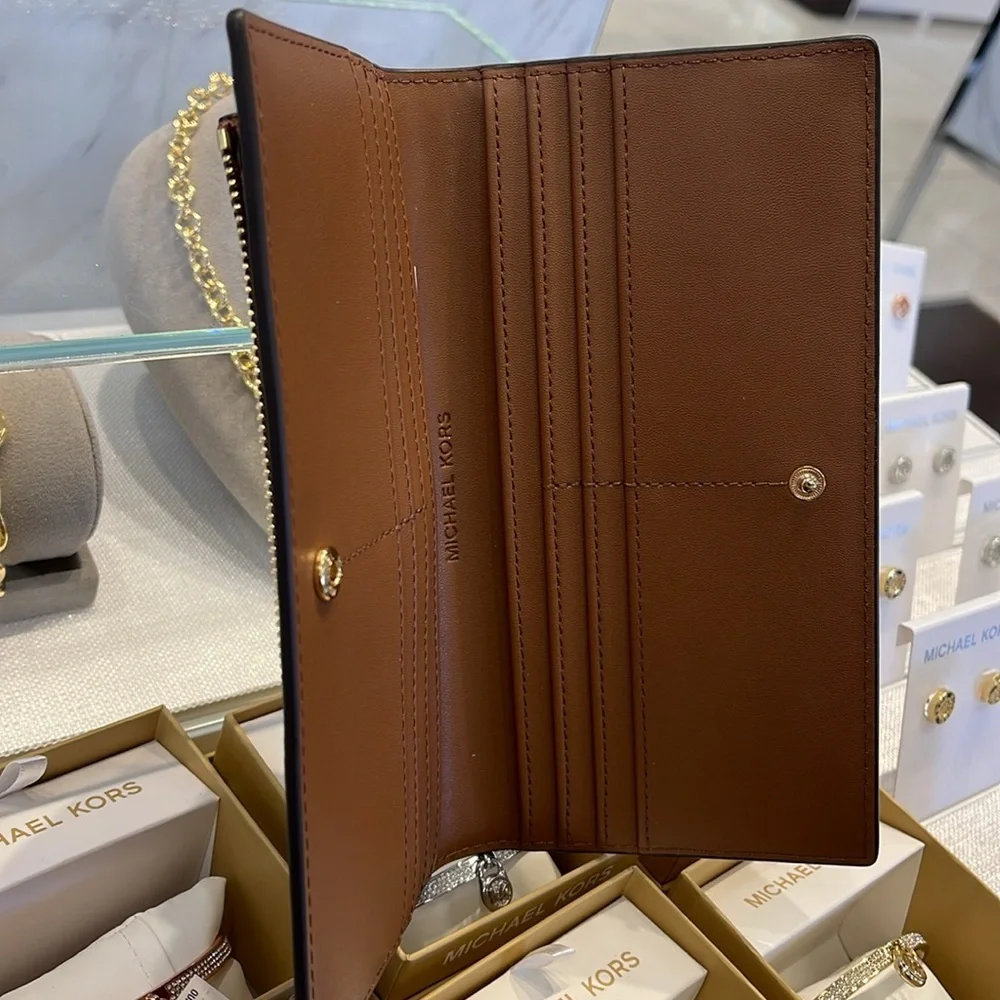 Michael Kors Reed Lg Bifold Pebbled Leather Snap Wallet Card Case Luggage NWT
